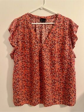 Jones New York Orange Floral V-Neck Ruffle Sleeve Blouse
